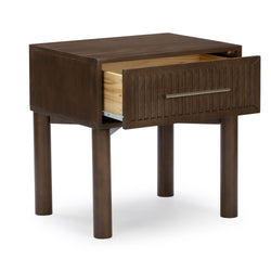 Dark brown wooden bedside table with one partially open drawer, ribbed drawer front, metal handle and cylindrical legs