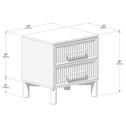 Two-drawer white bathroom vanity cabinet with slatted drawer fronts, chrome bar handles and round legs, product diagram showing dimensions 24 in x 19 in x 25 in (61 x 48 x 64 cm)