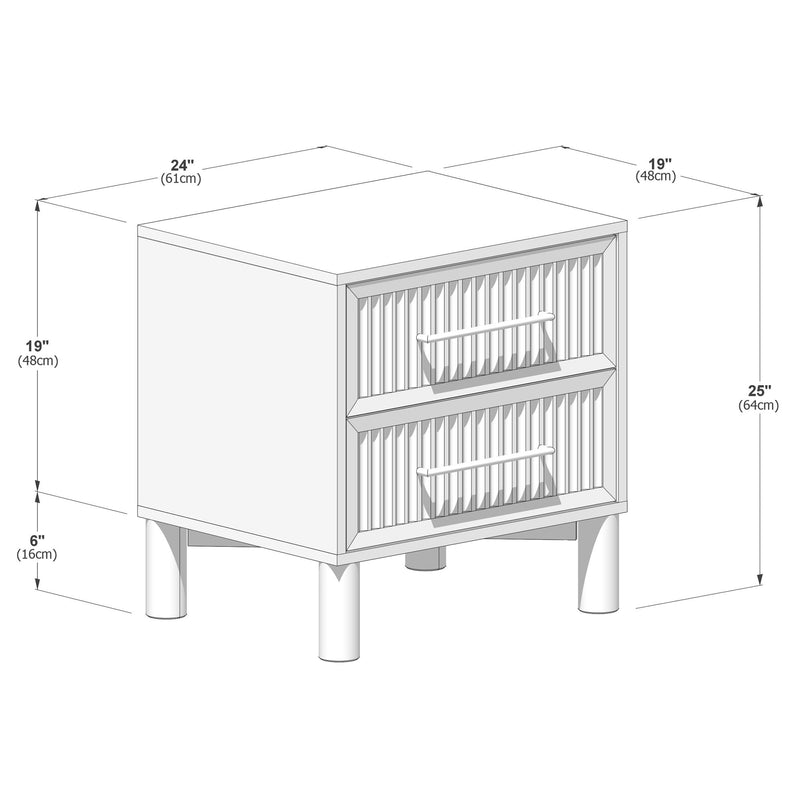 Two-drawer white bathroom vanity cabinet with slatted drawer fronts, chrome bar handles and round legs, product diagram showing dimensions 24 in x 19 in x 25 in (61 x 48 x 64 cm)