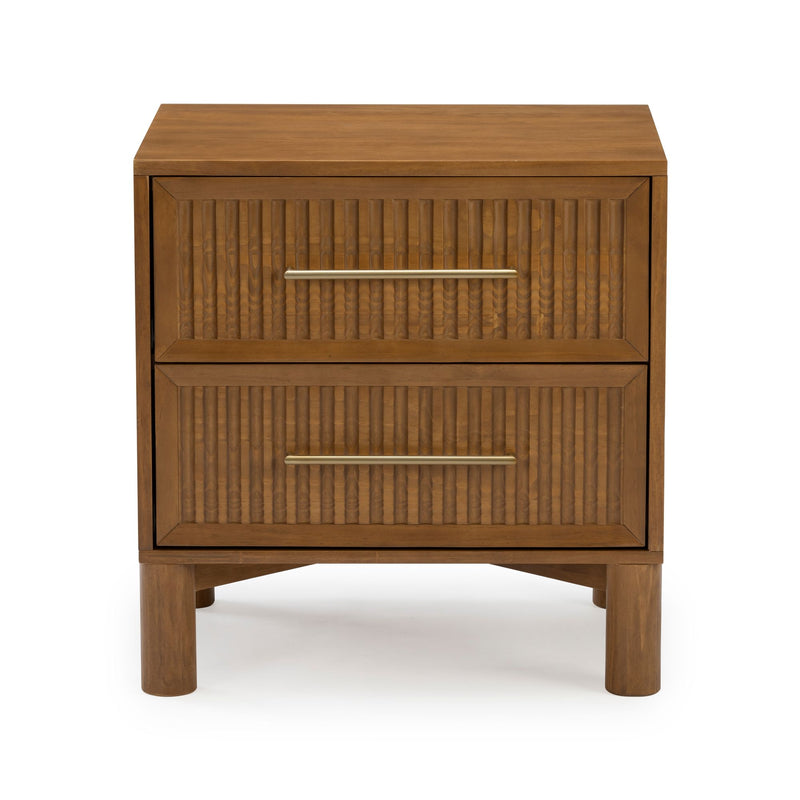 Mid-century modern two-drawer wooden nightstand with ribbed drawer fronts, brass bar handles and medium brown finish on round legs