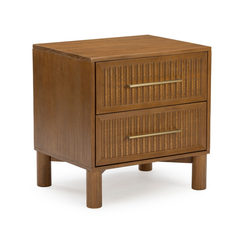 Mid-century modern two-drawer wooden nightstand side table with fluted drawer fronts, brass bar handles and round legs in warm walnut finish