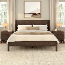 Modern neutral bedroom with dark wood bed frame, beige linen bedding, matching nightstands and lamps, large windows, minimalist wall art and textured jute rug