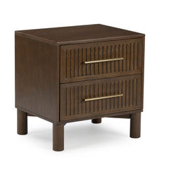 Dark brown two-drawer wood nightstand with vertical ribbed drawer fronts, brass bar handles and cylindrical legs — modern bedside table