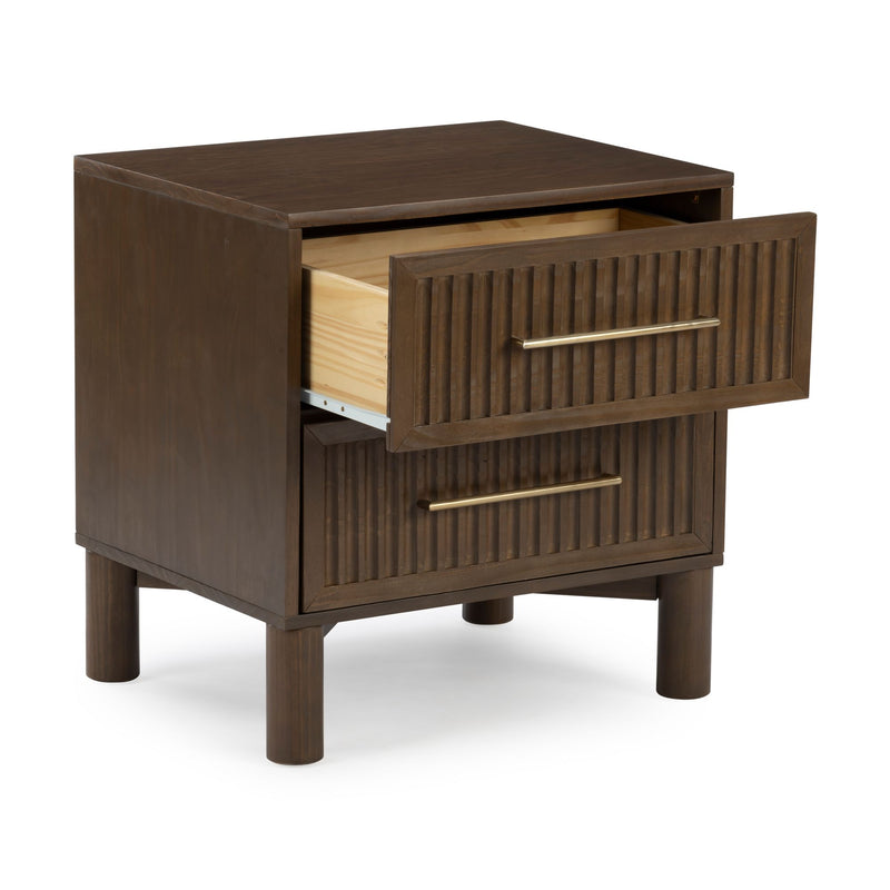 Dark brown mid-century modern wooden nightstand with ribbed drawer fronts and brass bar handles, two-drawer bedside table with open top drawer and round legs