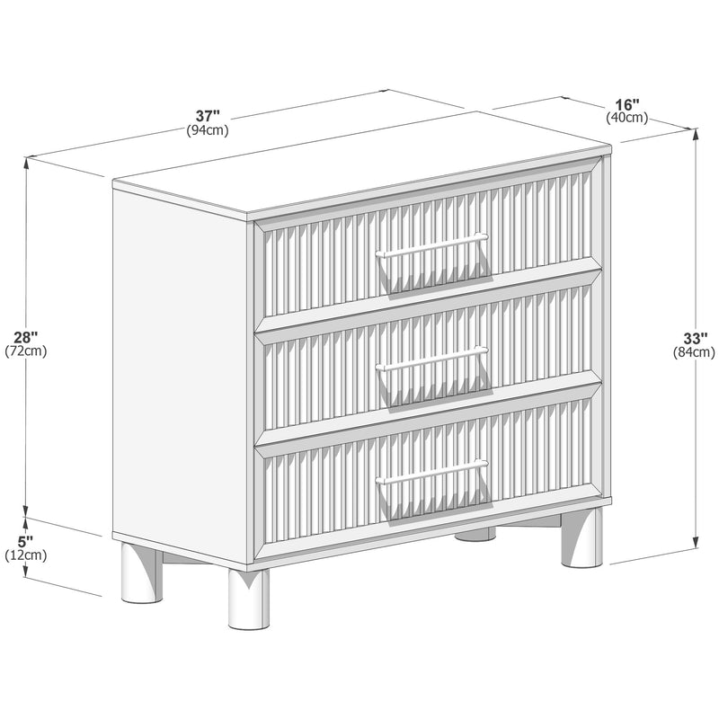 Three-drawer wooden dresser with vertical slatted drawer fronts and metal bar handles, raised on cylindrical legs — overall dimensions 37" W x 16" D x 33" H (94 x 40 x 84 cm)