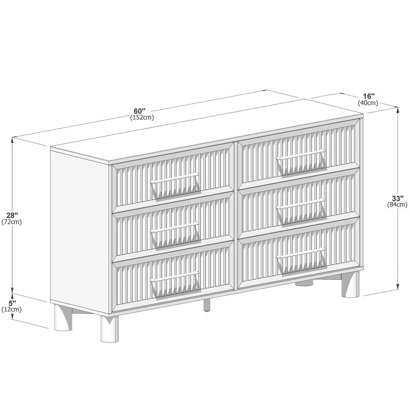 Modern six-drawer dresser measurement diagram showing slatted drawer fronts and metal handles, 60 in (152 cm) wide × 16 in (40 cm) deep × 33 in (84 cm) high with 5 in (12 cm) legs
