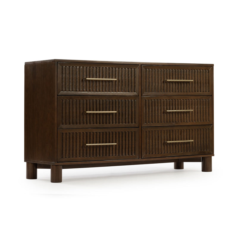 Mid-century modern dark brown wooden six-drawer dresser with fluted drawer fronts, brass bar handles and short round legs