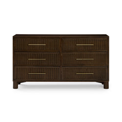 Six-drawer dark brown wooden dresser with ribbed drawer fronts and brass bar handles, modern bedroom storage cabinet on short round legs