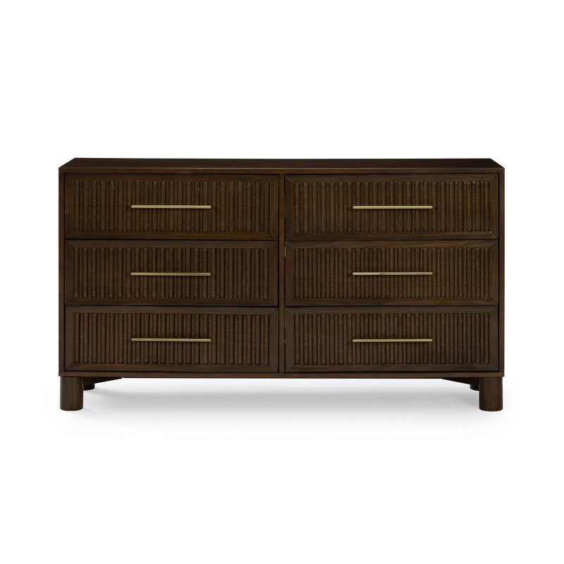 Six-drawer dark brown wooden dresser with ribbed drawer fronts and brass bar handles, modern bedroom storage cabinet on short round legs