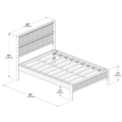 Line drawing of a platform bed frame with slatted base and grooved headboard and footboard, dimensions 58″ (148 cm) W × 80″ (202 cm) L, headboard 50″ (126 cm) H, footboard 17″ (44 cm) H, 11″ (29 cm) under-bed clearance.