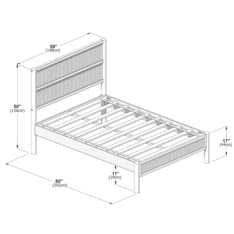 Line drawing of a platform bed frame with slatted base and grooved headboard and footboard, dimensions 58″ (148 cm) W × 80″ (202 cm) L, headboard 50″ (126 cm) H, footboard 17″ (44 cm) H, 11″ (29 cm) under-bed clearance.