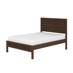 Dark brown wooden platform bed frame with slatted headboard and low footboard, minimalist mid-century modern design with white mattress