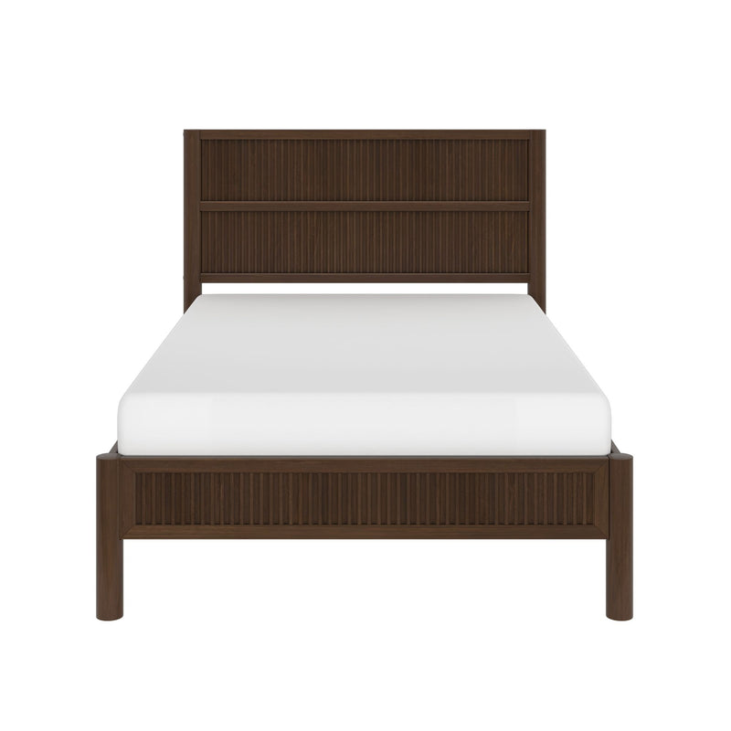 Modern dark brown wooden bed frame with vertical slatted headboard and footboard and white mattress, contemporary bedroom furniture