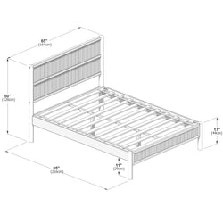 Slatted platform bed frame diagram with paneled headboard and low footboard on round posts, annotated dimensions 85" (216 cm) L × 65" (164 cm) W × 50" (126 cm) H, 17" (44 cm) footboard height and 11" (29 cm) under-bed clearance — modern slatted platform bed frame