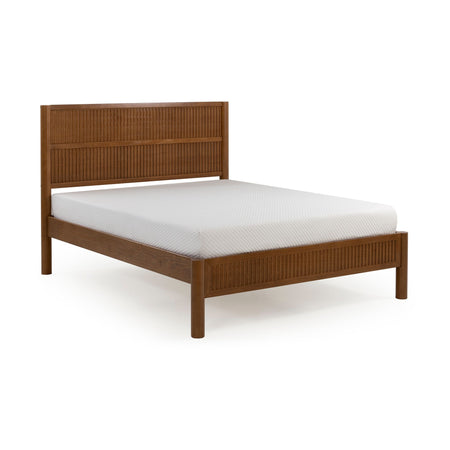 Solid wood platform bed frame with vertical slatted headboard and footboard in warm brown finish, minimalist mid-century modern wooden bed with mattress