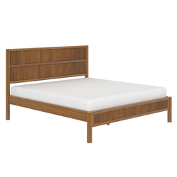 Walnut-finish wooden platform bed with vertical slatted headboard and footboard, low-profile modern mid-century design with white mattress