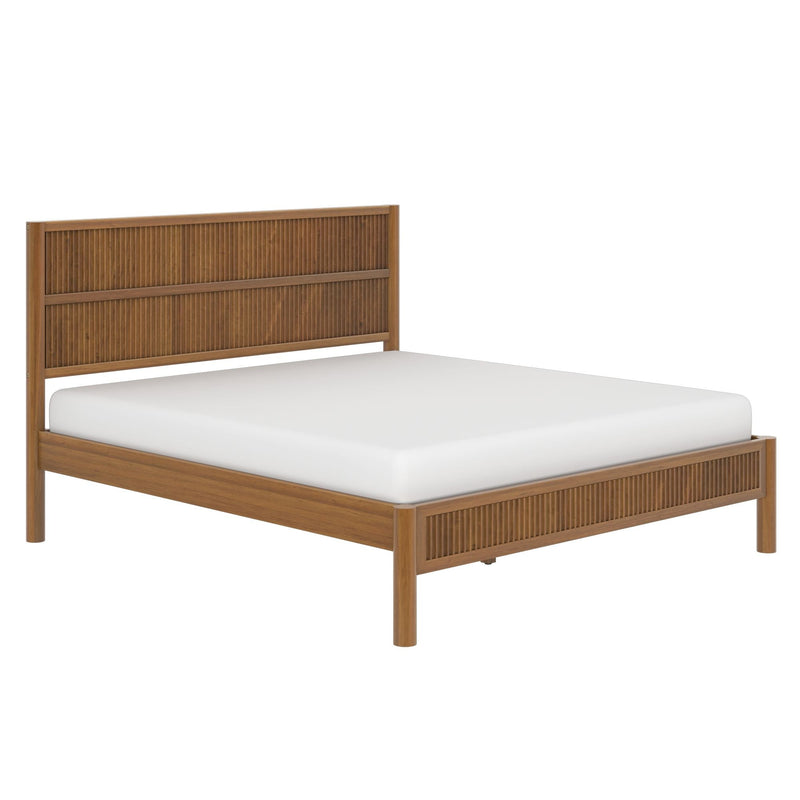 Walnut-finish wooden platform bed with vertical slatted headboard and footboard, low-profile modern mid-century design with white mattress