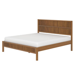 Natural walnut slatted wood bed frame with ribbed headboard and footboard — minimalist mid-century modern bedroom furniture