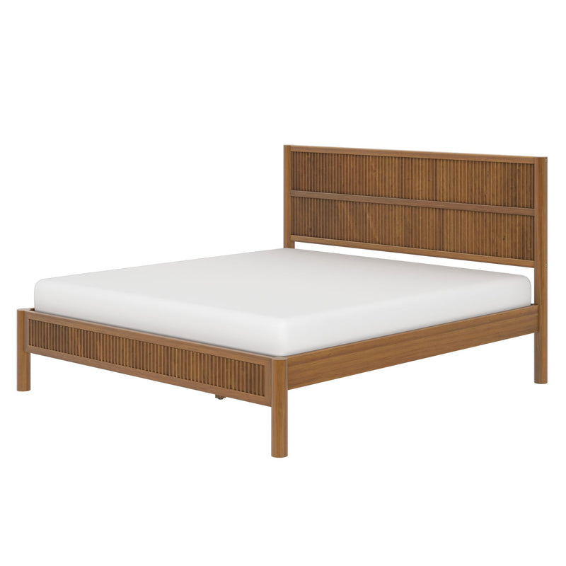 Natural walnut slatted wood bed frame with ribbed headboard and footboard — minimalist mid-century modern bedroom furniture