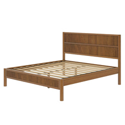 Wooden platform bed frame with vertical slatted headboard, walnut finish, wooden slat mattress support, modern minimalist design