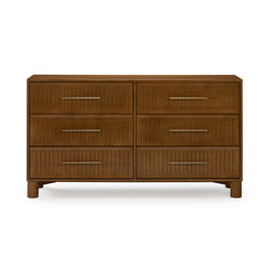 Mid-century modern walnut six-drawer dresser with ribbed drawer fronts, brass bar handles and tapered legs — wooden bedroom storage chest