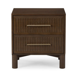 Dark brown wooden two-drawer nightstand with fluted drawer fronts, metal bar handles and rounded legs, modern bedside table