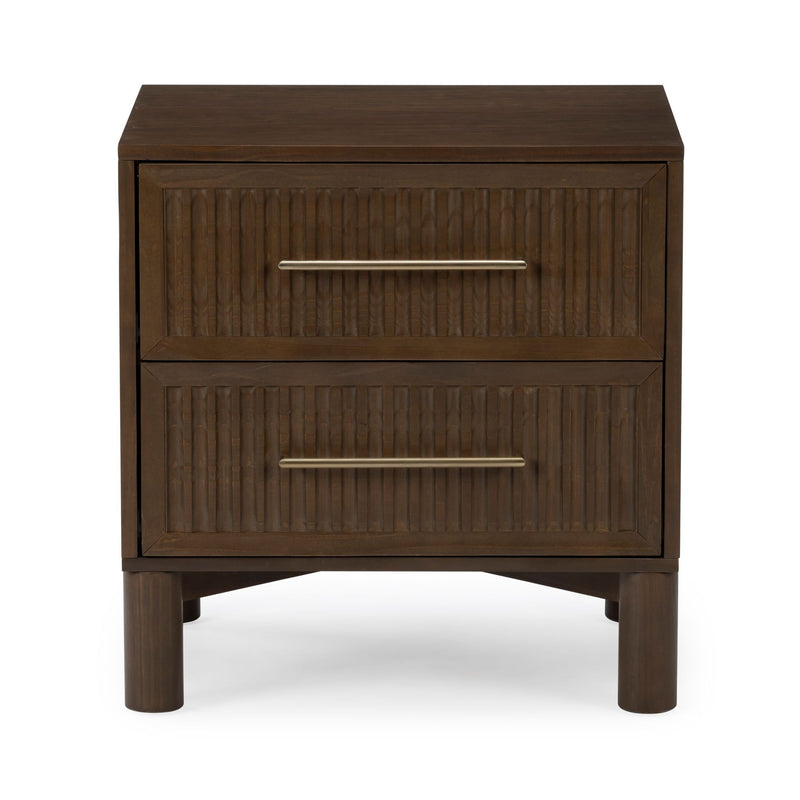 Dark brown wooden two-drawer nightstand with fluted drawer fronts, metal bar handles and rounded legs, modern bedside table