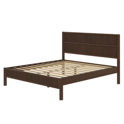 Dark brown wooden platform bed frame with slatted base and ribbed headboard, mid-century modern style