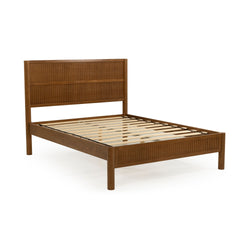 Mid-century modern solid wood platform bed frame with slatted headboard and wooden slats in warm walnut finish