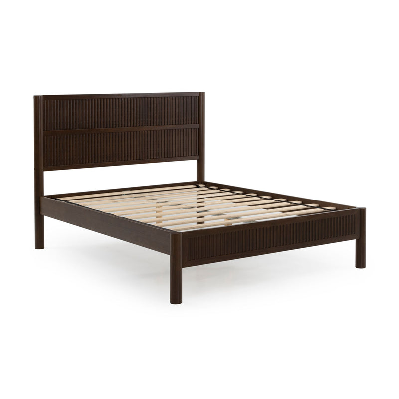 Dark brown solid wood platform bed frame with slatted base and ribbed vertical-panel headboard in espresso finish