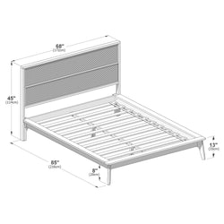 Mid-century modern platform bed frame with horizontal slatted headboard and wooden slat support, dimensions 68" (172 cm) W x 85" (216 cm) L x 45" (114 cm) H, 8" (20 cm) leg clearance and 13" (33 cm) footboard height.