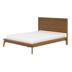 Mid-century modern wooden platform bed with slatted headboard and white mattress, low-profile bedroom furniture