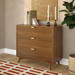 Mid-century modern wooden three-drawer dresser with ribbed fronts and brass pulls styled in a cozy bedroom vignette with books, marble bookends, brass candlesticks, gold framed wall art, potted plant and patterned area rug.