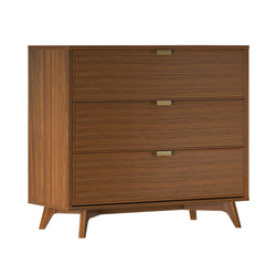Mid-century modern 3-drawer walnut wood dresser chest of drawers with ribbed horizontal drawer fronts, brass pull handles and tapered legs