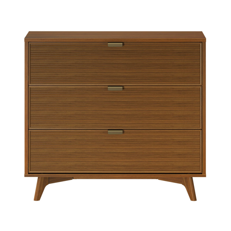 Mid-century modern walnut three-drawer dresser with ribbed drawer fronts and brass handles on tapered legs