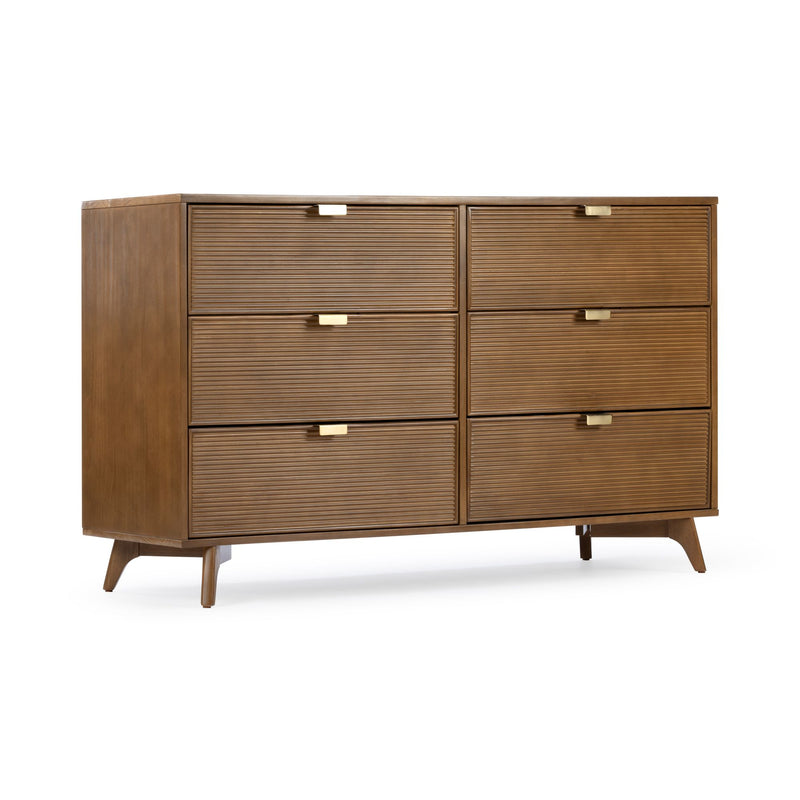 ribbed dresser Linea 6-Drawer Double Dresser in Pecan | Solid Pine Wood Construction | Refined Contemporary Design | Easy Assembly