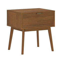 Walnut mid-century modern nightstand with tambour drawer, brass handle and tapered legs, wooden bedside table for bedroom storage