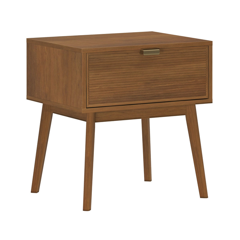 Walnut mid-century modern nightstand with tambour drawer, brass handle and tapered legs, wooden bedside table for bedroom storage