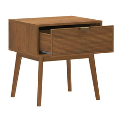 Mid-century modern walnut nightstand with ribbed single drawer and tapered wooden legs