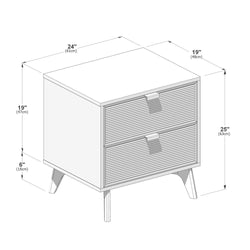 Mid-century modern two-drawer nightstand with ribbed drawer fronts and angled wood legs, 24" W x 19" D x 25" H bedside table for bedroom storage