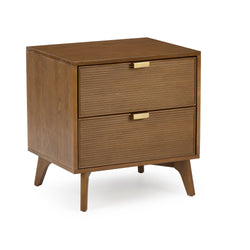 Mid-century modern walnut nightstand with ribbed drawer fronts, brass handles, and tapered legs