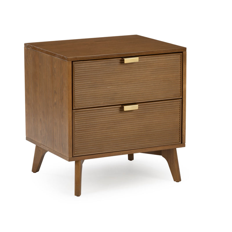 Mid-century modern walnut nightstand with ribbed drawer fronts, brass handles, and tapered legs