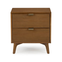 Mid-century modern walnut two-drawer nightstand with ribbed drawer fronts, brass handles and tapered wooden legs