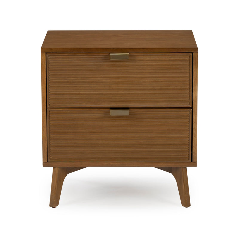 Mid-century modern walnut two-drawer nightstand with ribbed drawer fronts, brass handles and tapered wooden legs