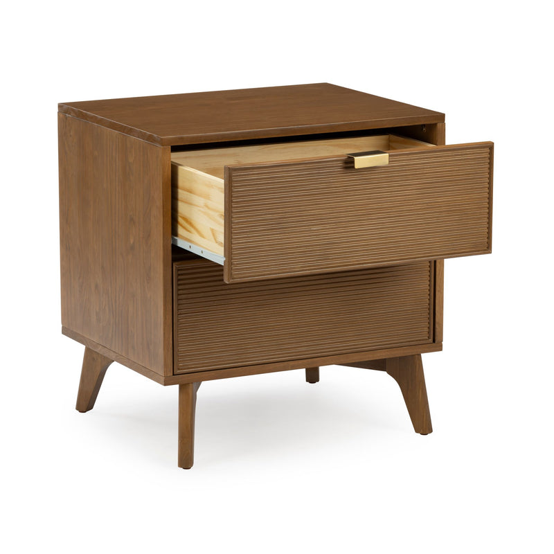 Mid-century modern walnut nightstand bedside table with two ribbed-front drawers, brass pull, open top drawer and tapered wooden legs