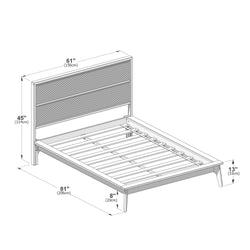 Queen-size platform bed frame with horizontal slatted headboard and wooden slat mattress support, tapered legs and dimensions labeled 61″ (156 cm) wide × 81″ (206 cm) long, 45″ (114 cm) headboard height, 13″ (33 cm) foot height, 8″ (20 cm) under-bed clearance