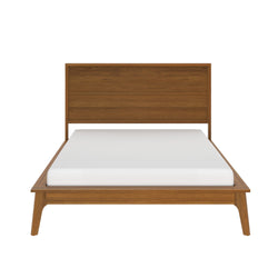 Mid-century modern walnut platform bed with slatted headboard and white mattress, minimalist bedroom furniture