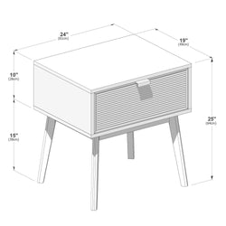 Mid-century modern wooden bedside table with tambour slatted front and angled legs, shown with measurements 24 in W × 19 in D × 25 in H (61 × 49 × 64 cm)