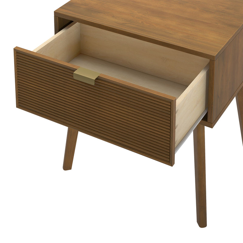 Mid-century modern walnut nightstand with slatted drawer front, brass pull, tapered legs and open drawer