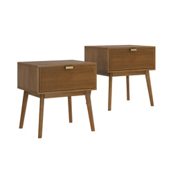 Pair of mid-century modern walnut nightstands with tambour drawer fronts, brass pulls and tapered legs
